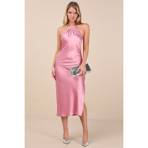 Lulus Angelique Pink Satin Backless Halter Midi Dress - Size M